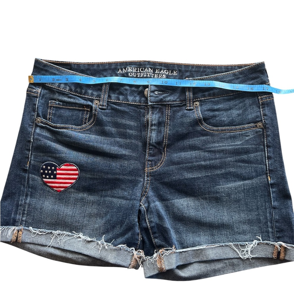American Eagle Outfitters Dark Blue Denim Shorts with Flag Heart Patch - Picture 2 of 7